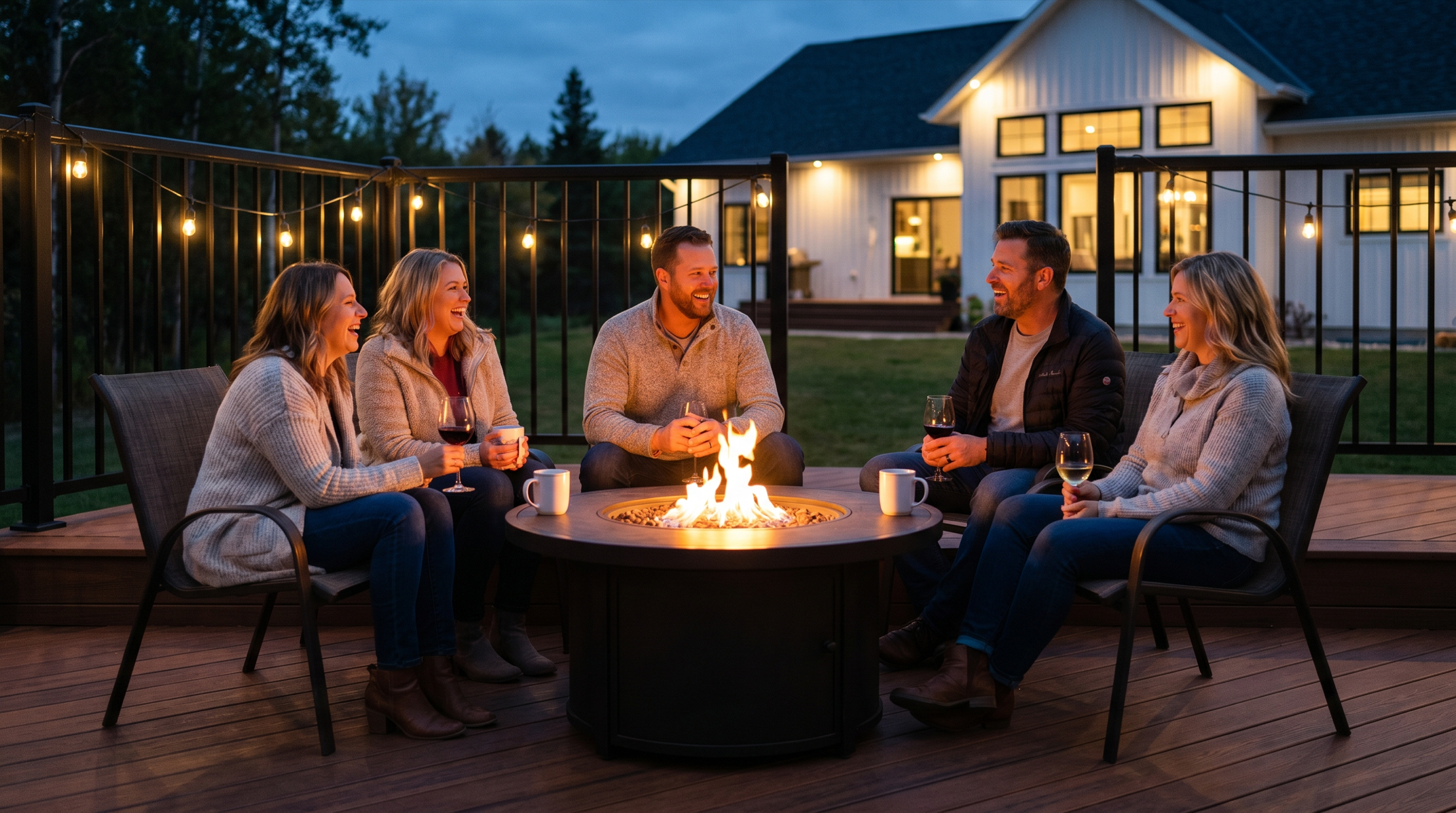 Friends gathered around a glowing fire table on a composite deck at dusk, string lights overhead.