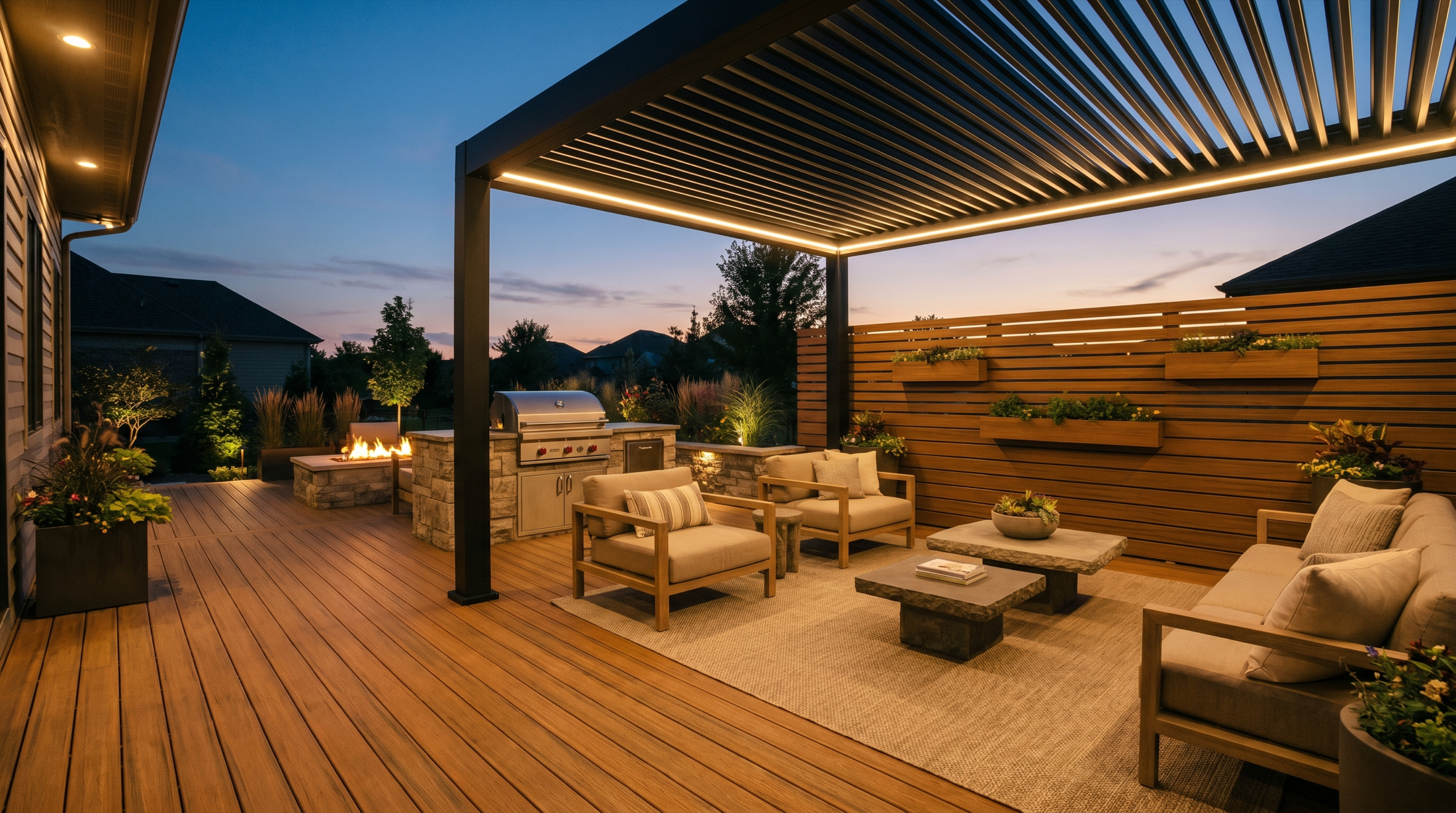 A fully realized composite outdoor living deck at dusk with layered lighting.