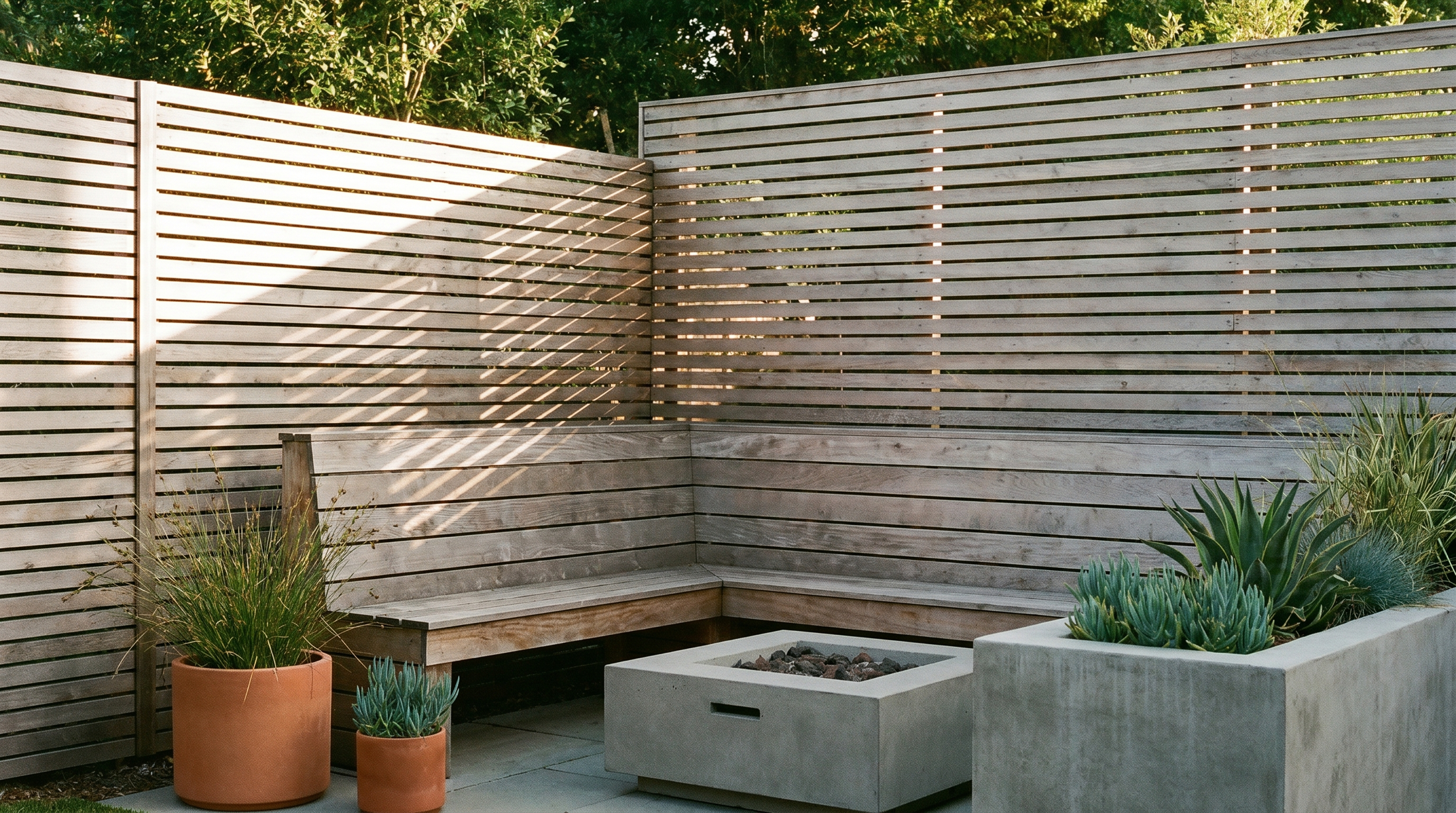 A horizontal-slat cedar privacy wall enclosing a backyard lounge nook in dappled evening light.